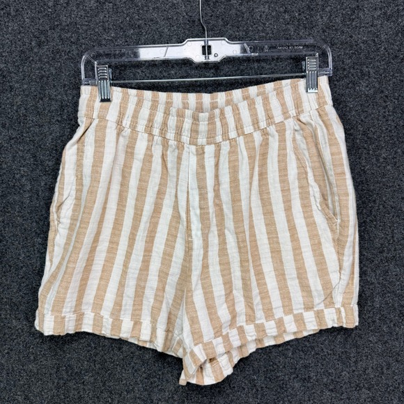 Old Navy Pants - Old Navy Striped Linen Blend Shorts Women S Tan White Elastic Waist Drawstring